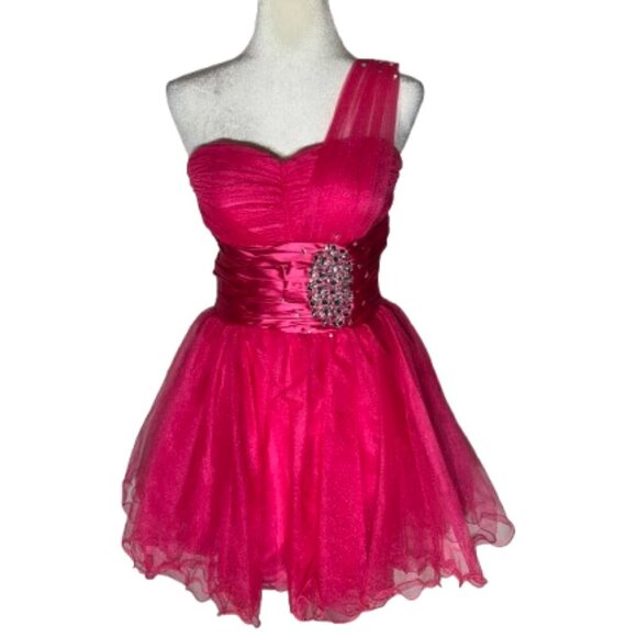 Dancing Queen One Shoulder Strap Hot Pink Dress Size Medium - Picture 1 of 10